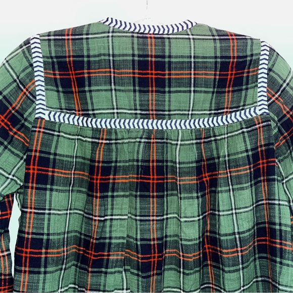 J. Crew top, 100% cotton, green plaid with patterned trim on front and back - Picture 6 of 11